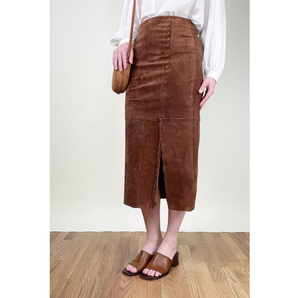 Vintage Suede Leather Boho High Rise Waisted Slit Column Hippie Bohemian 90s Y2K